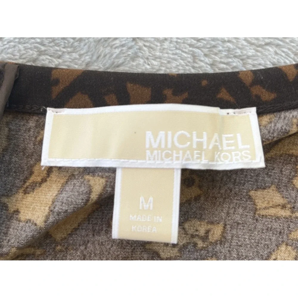 Michael Kors Abstract Print Drop Waist Pleated Dress Brown Black Medium
